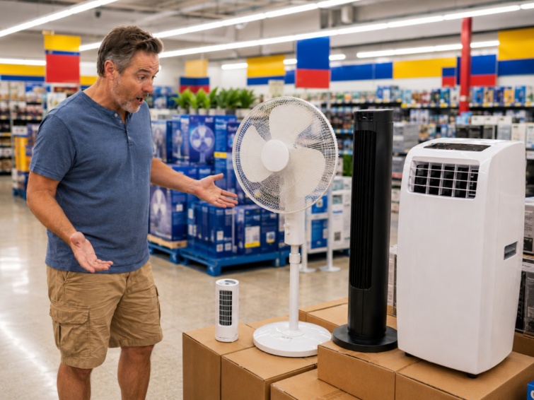 Férfi csodálkozva áll egy boltban, ahol különböző méretű ventilátorokat és mobil klímát árulnak