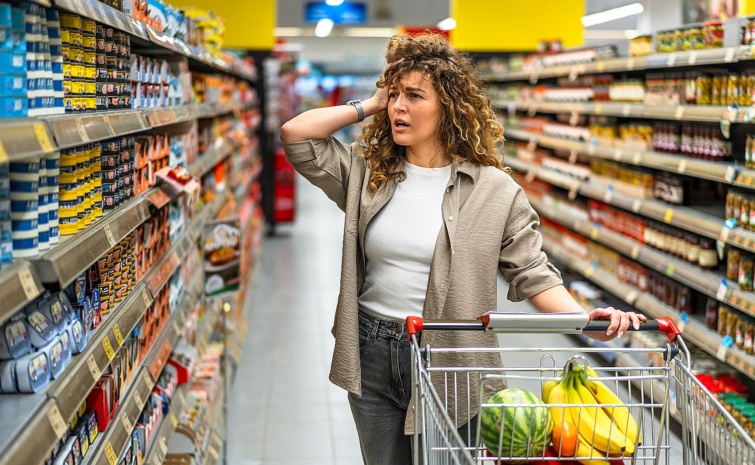 Woman feeling worried about rising grocery prices Startlap Vásárlás Fiatal, bevásárlókocsit toló nő gondterhelten a hajába túr a boltban.