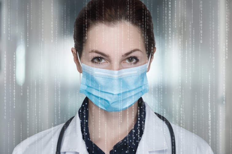 mestersegesintelligenciaorvosnodoktorno Startlap Vásárlás Egy doktornő maszkban, mesterséges intelligencia mintázattal
