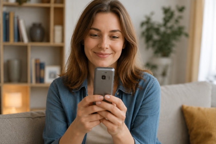 Egy fiatal nő kezében egy mobiltelefonnal.