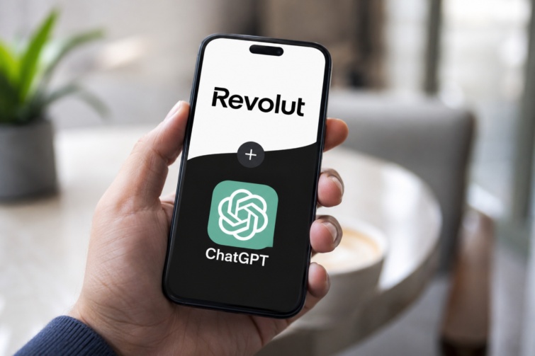 revolutchatgpt Startlap Vásárlás Revolut és ChatGPT logója egy telefonon