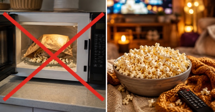 Mikróban készült popcorn áthúzva, mellette egy tál, frissen készült, forró levegős készülékkel pattogatott kukorica.