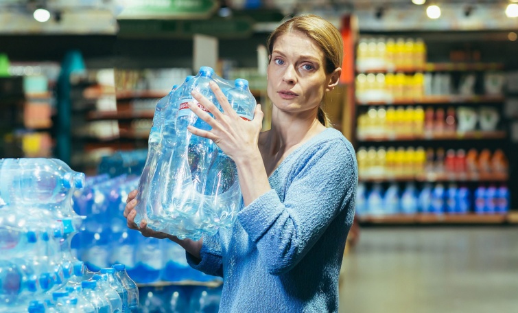Portrait of scared woman shopper in supermarket buying water in plastic bottles Startlap Vásárlás Fiatal rémült nő egy boltban ásványvizes palackokat tart a kezében.